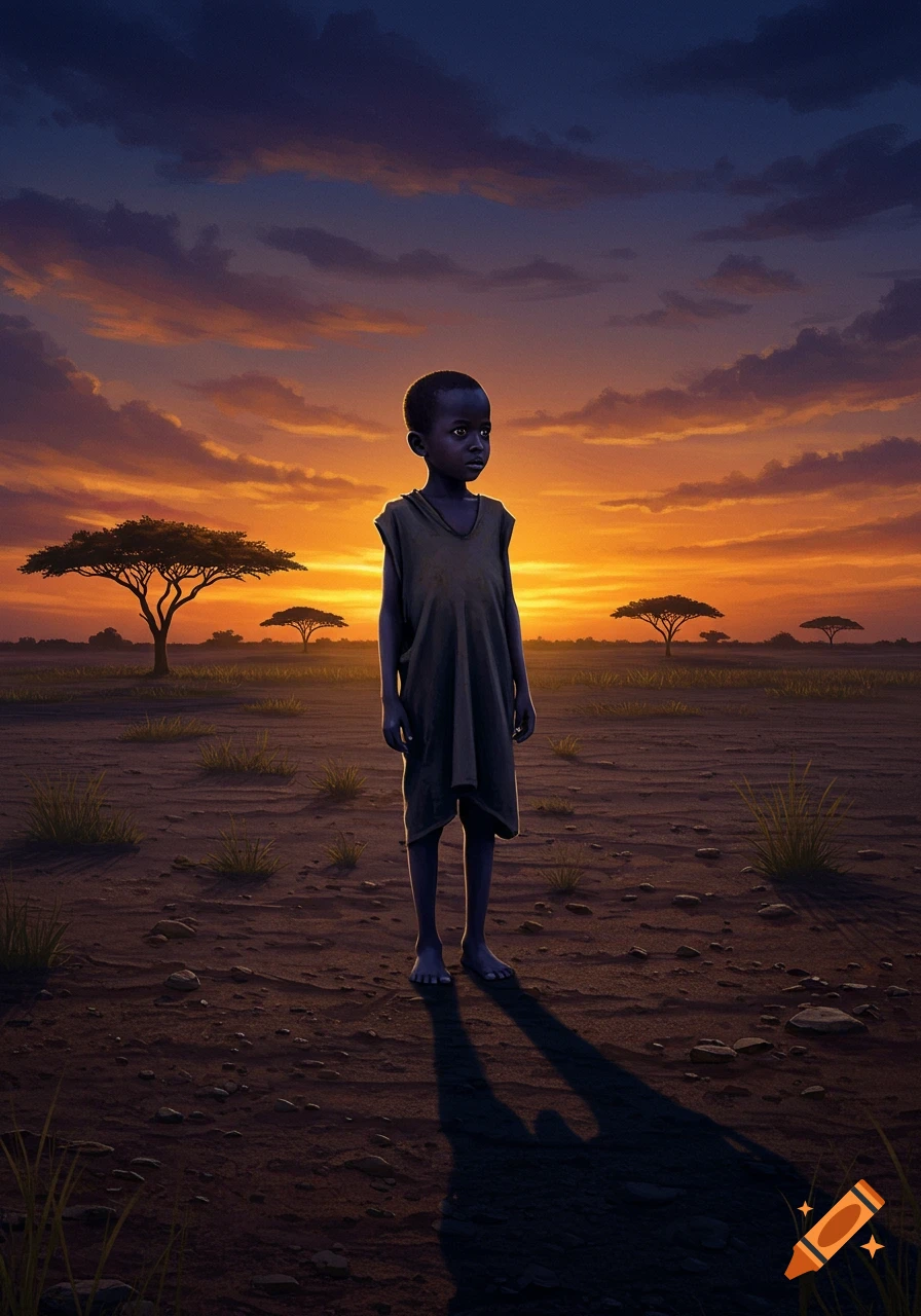 A young, dark-skinned boy stands in a barren savanna at sunset, looking into the distance with acacia trees on the horizon.