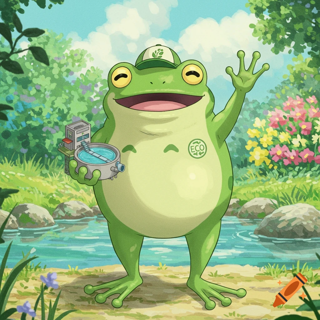 A cheerful, chubby green frog in Studio Ghibli style, wearing an eco-cap and badge, waves while holding a sewage treatment model in a lush nature scene.