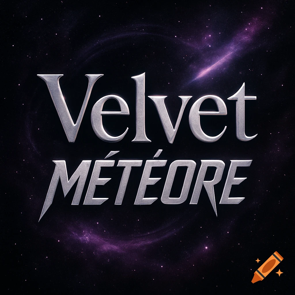 Silver metallic logo for "Velvet Météore" on a dark starry background with purple nebulas.