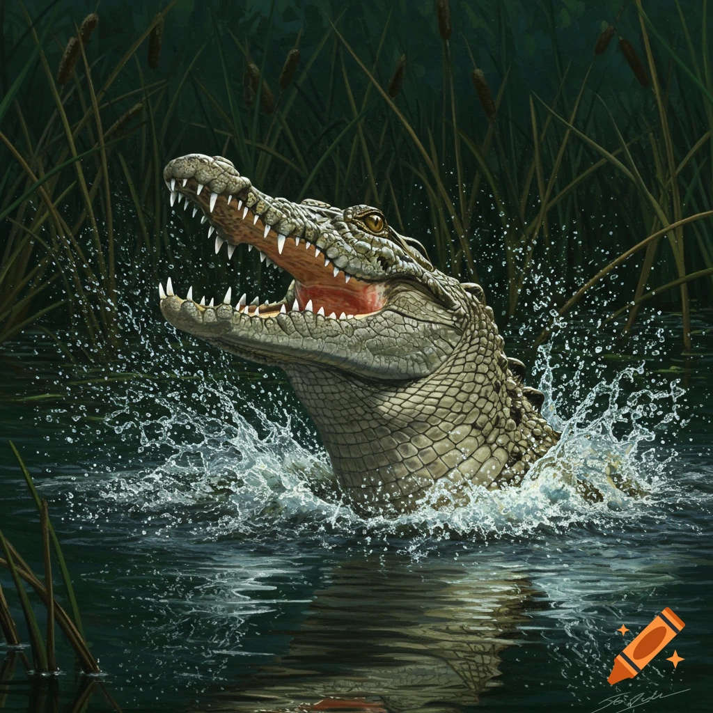 A realistic crocodile with its mouth wide open, emerging from splashing water in a swampy environment with reeds in the background.