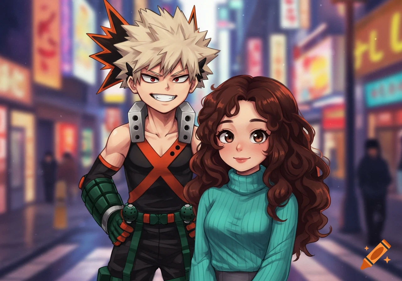 Katsuki Bakugo and an anime girl with brown curly hair and a cyan sweater smile in a blurred city street.