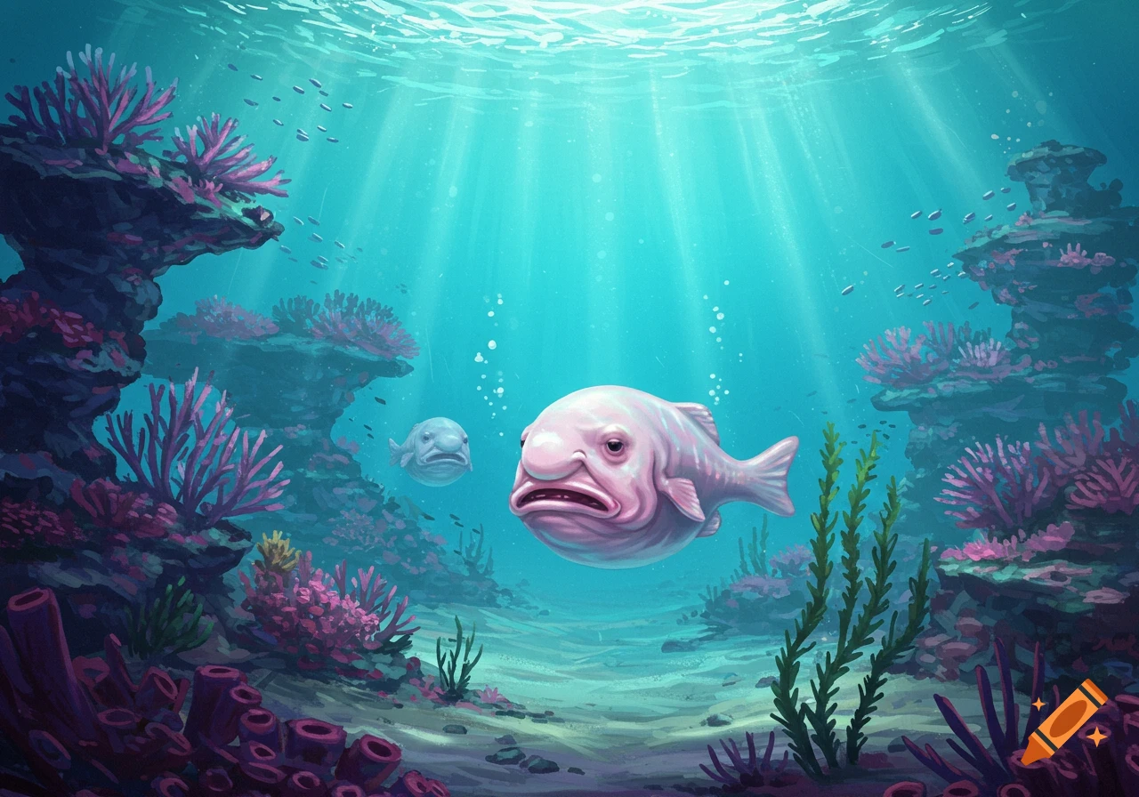 Two pinkish blob-like fish swim in a vibrant underwater coral reef with sun rays filtering through.