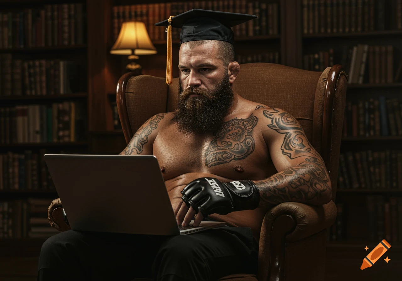 A shirtless, tattooed MMA fighter with a beard and graduation cap sits in an armchair, using a laptop, in a library.