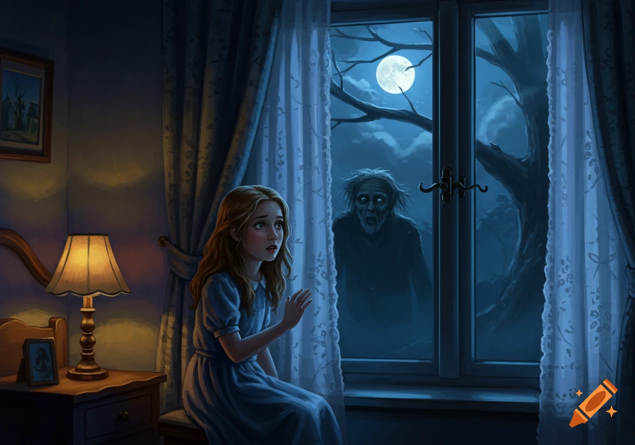 A scared young girl in her dark bedroom looks towards a window where a ghoulish old man stares in, with a full moon and gnarled tree outside.