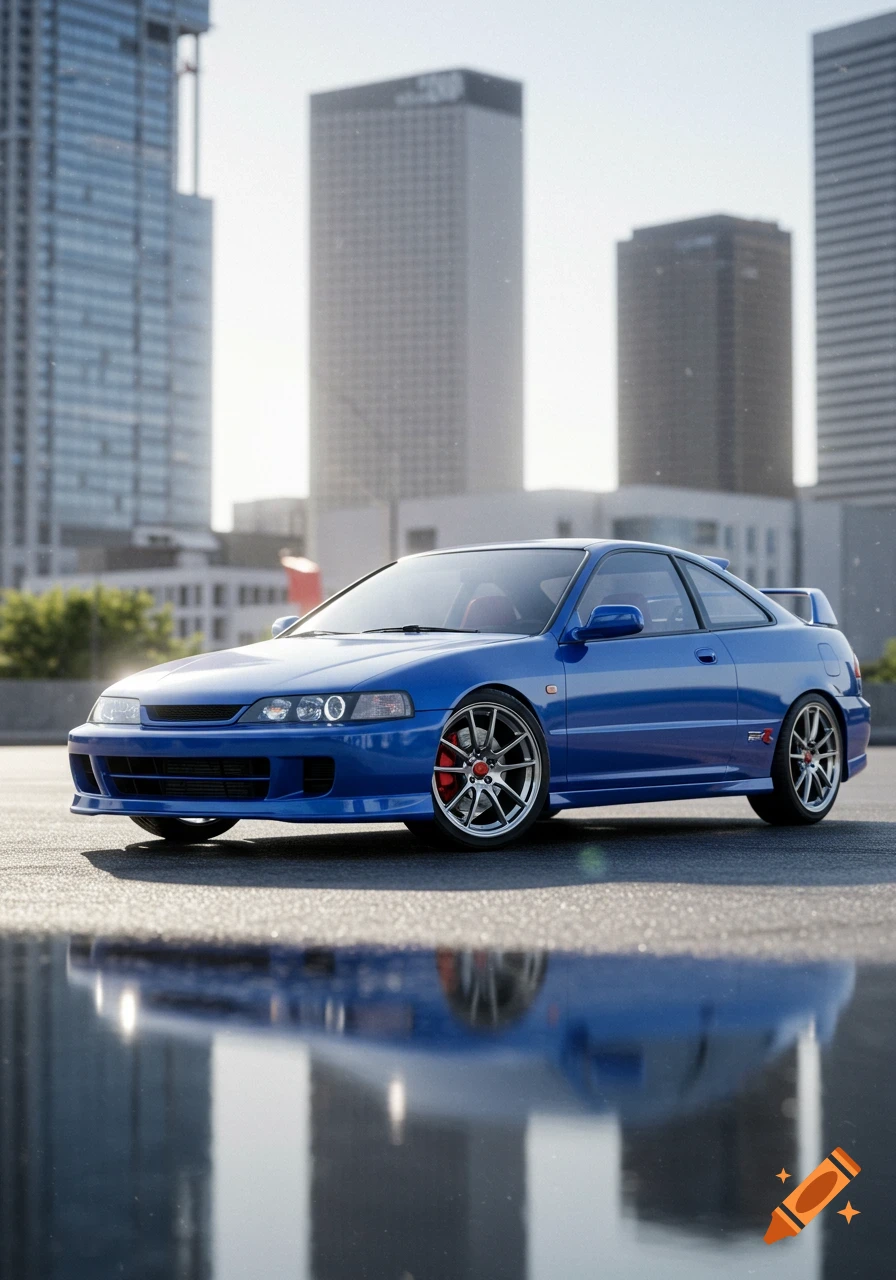 A blue Honda Integra Type R sports coupe parked on a wet city street with tall skyscrapers in the background, reflected on the ground.