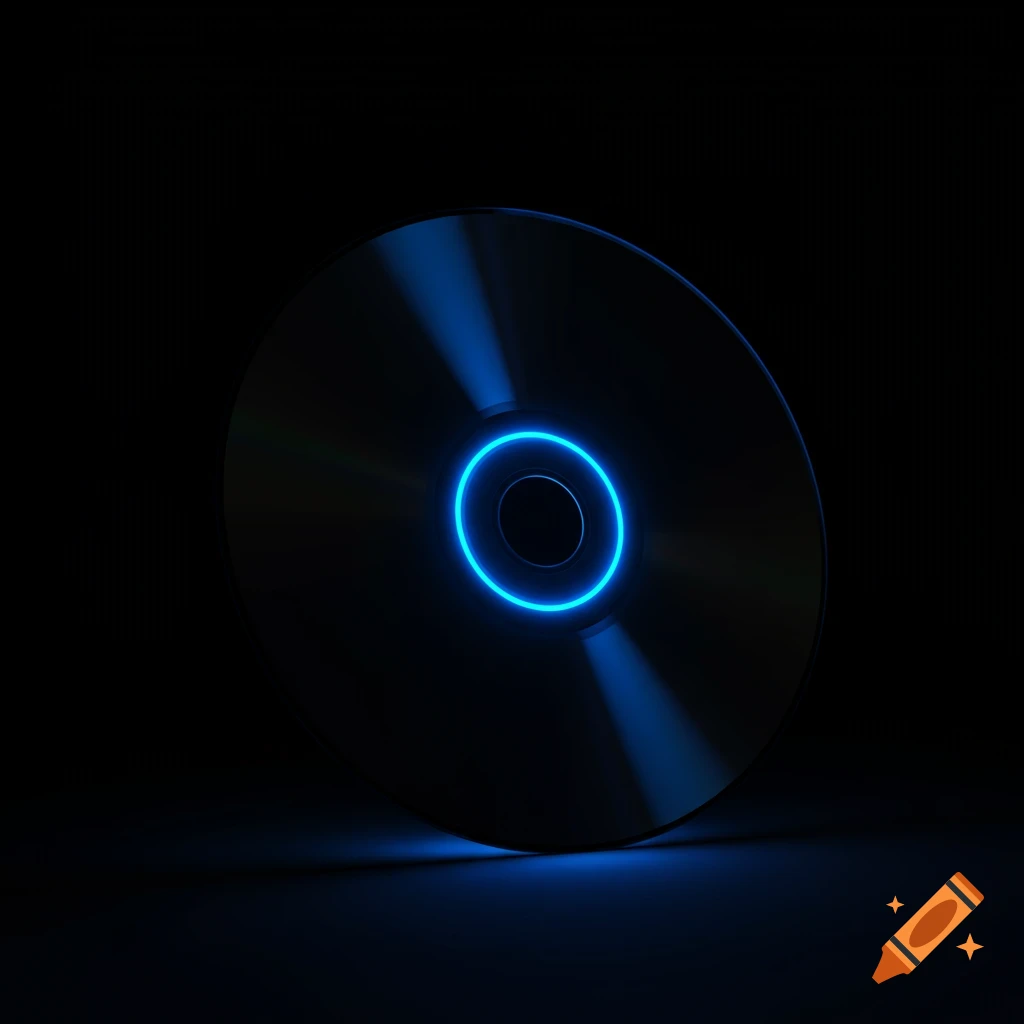 A dark CD with a bright blue glowing ring around its center, standing upright against a black background.
