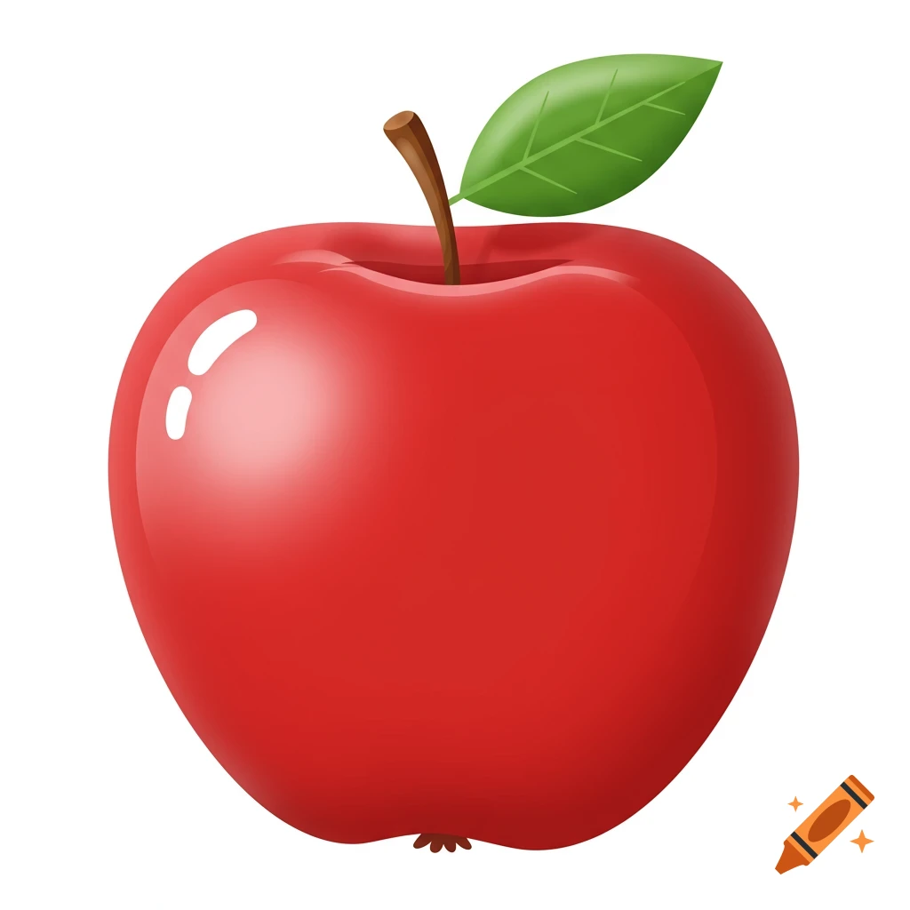 A vibrant red cartoon apple with a green leaf and brown stem, isolated on a white background.