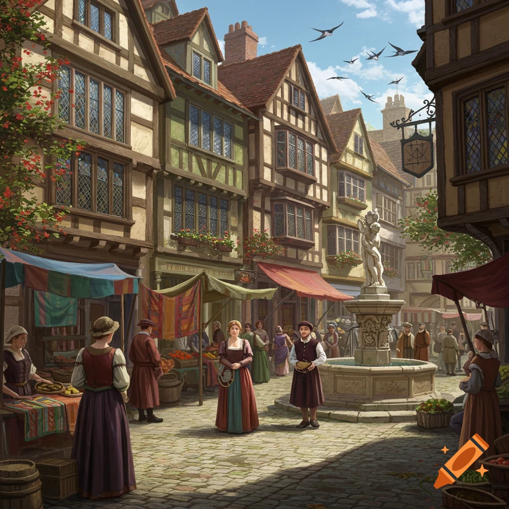 A vibrant Tudor-era market square bustling with people, stalls, and detailed half-timbered buildings surrounding a central fountain.