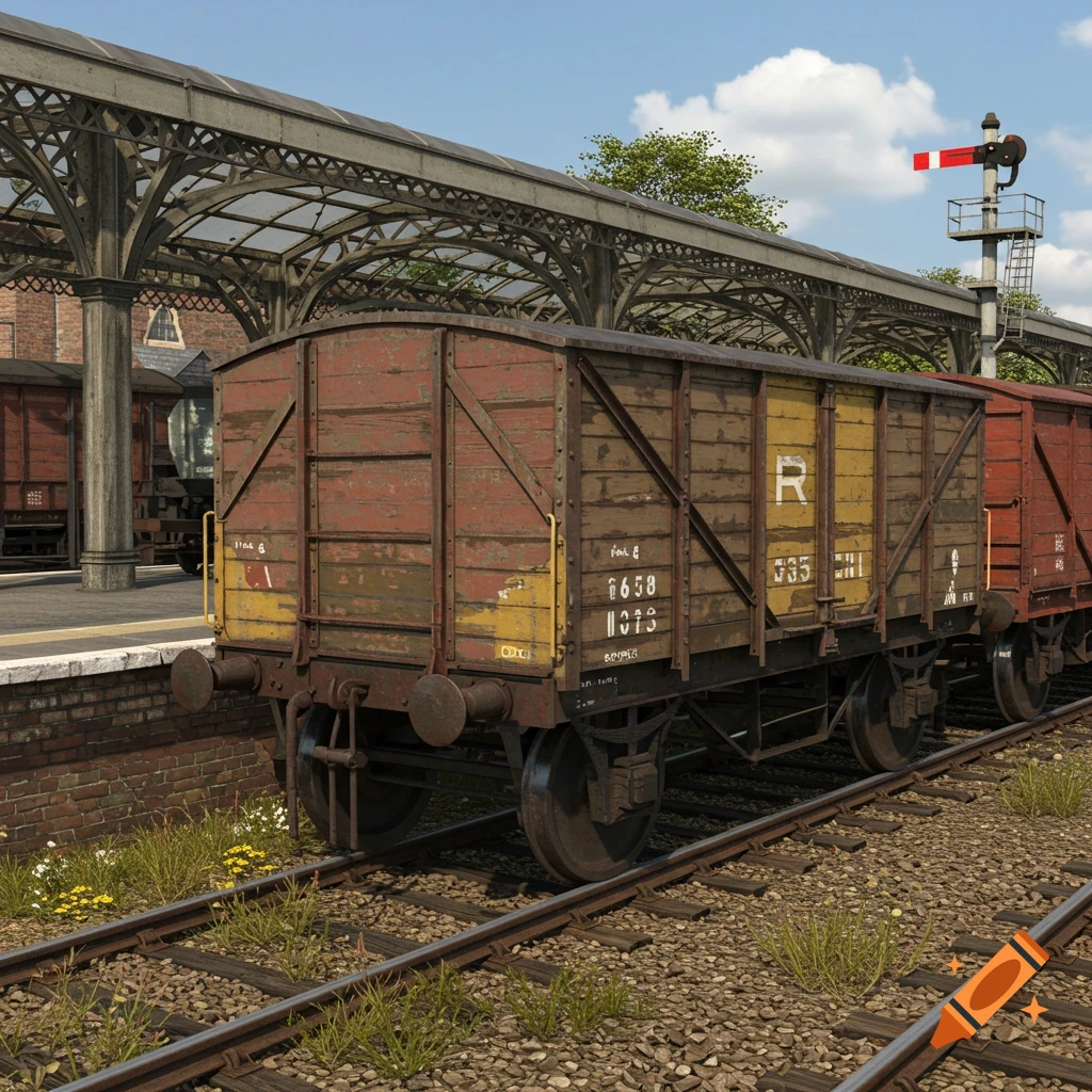 A weathered brown and yellow train wagon sits on railway tracks at a station platform with an ornate canopy overhead.