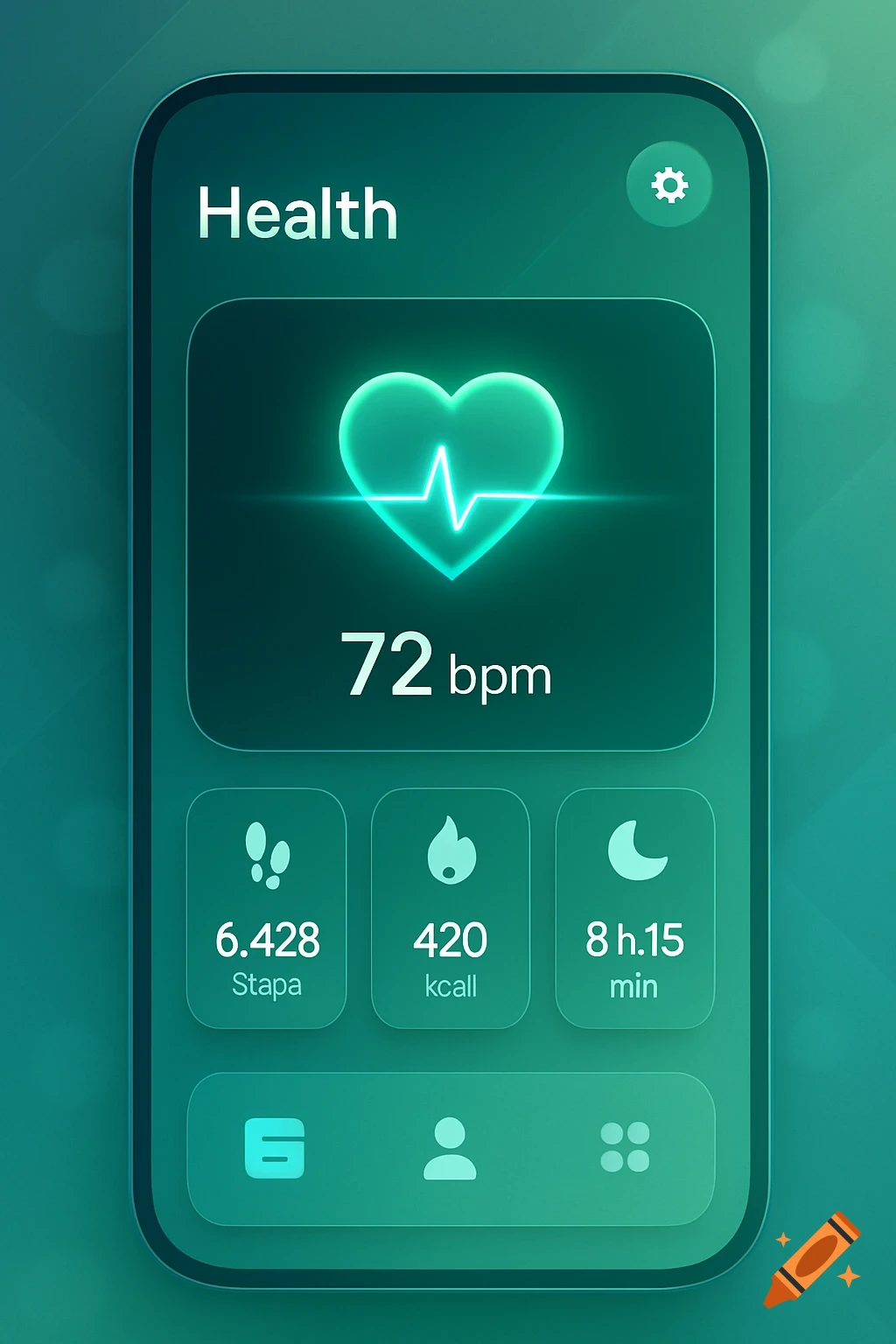 A green and black smartphone screen displays a health app with heart rate, steps, calories, and sleep duration.