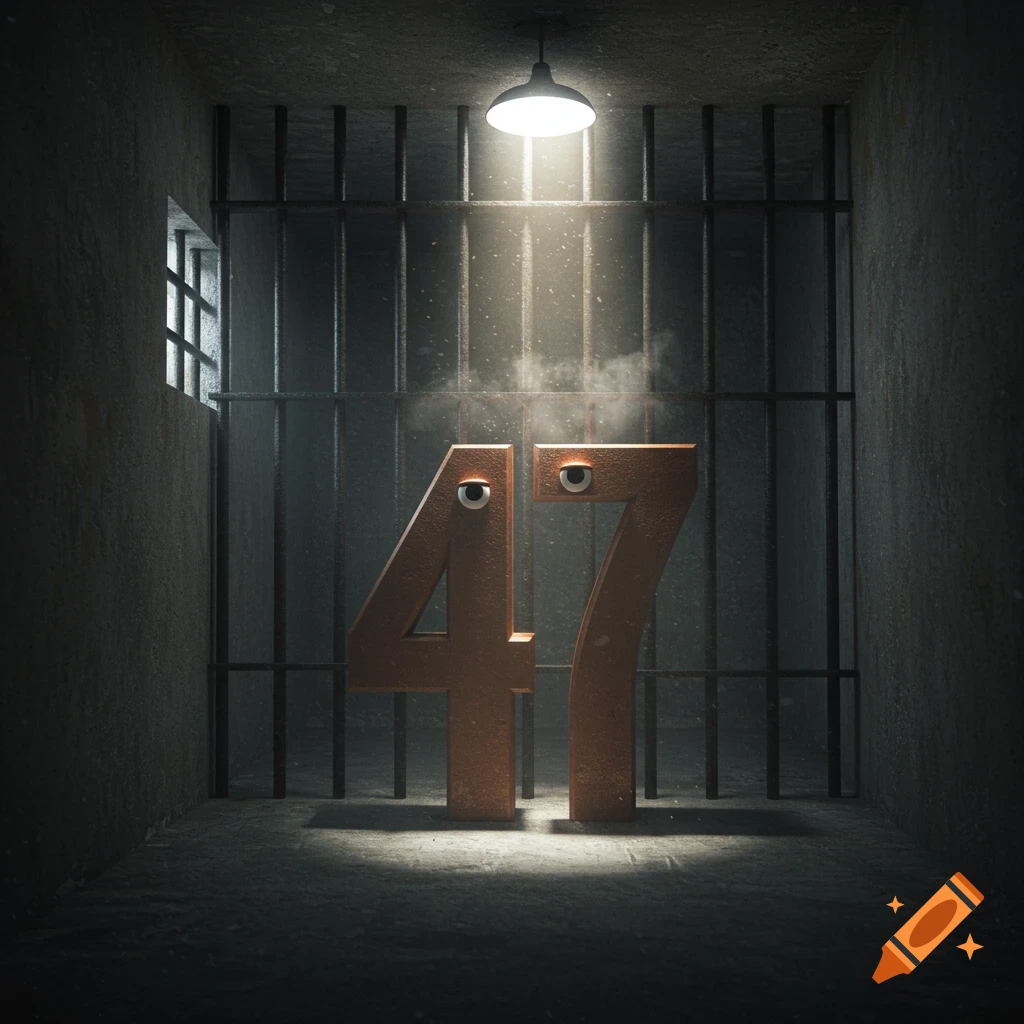A 3D render of the numbers 4 and 7, each with googly eyes, standing in a dimly lit prison cell behind bars.