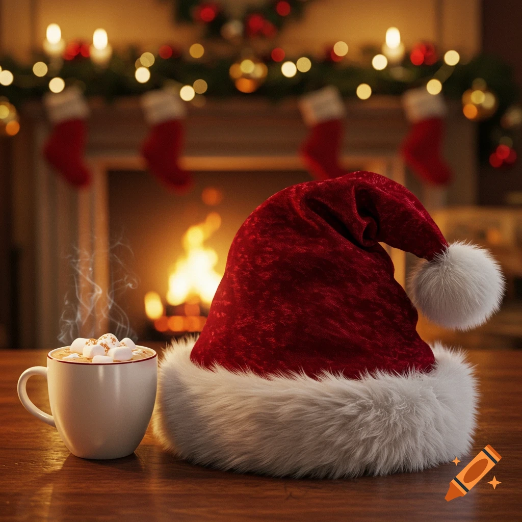 A red Santa hat with white fur trim sits next to a mug of hot cocoa with marshmallows, with a fireplace and Christmas decorations in the background.