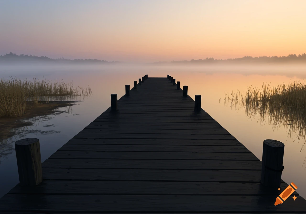 A long, dark wooden dock extends into a calm, foggy lake at sunrise, with reeds along the distant shores.