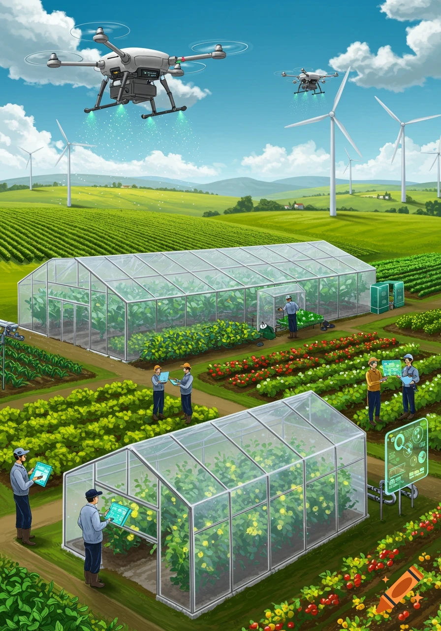 Illustrated scene of modern agriculture with drones flying over greenhouses and fields, wind turbines, and people using tech.