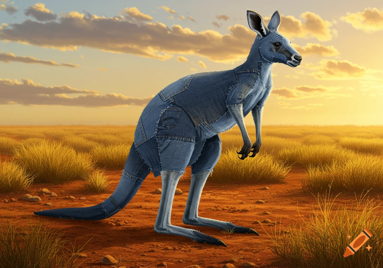 A realistic digital painting of a kangaroo made from denim patches, standing in a dry, grassy field at sunset.