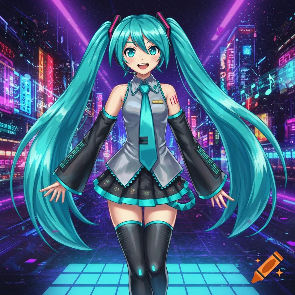 A blue-haired anime girl, Hatsune Miku, in a grey and black outfit, smiles in a vibrant neon cyberpunk city.