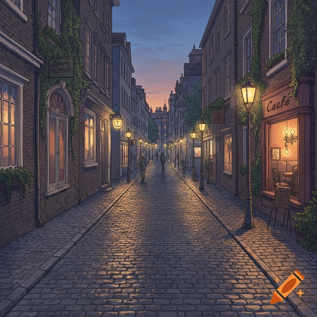 A charming illustration of a narrow cobblestone street lined with old buildings and streetlights at dusk, with distant figures.
