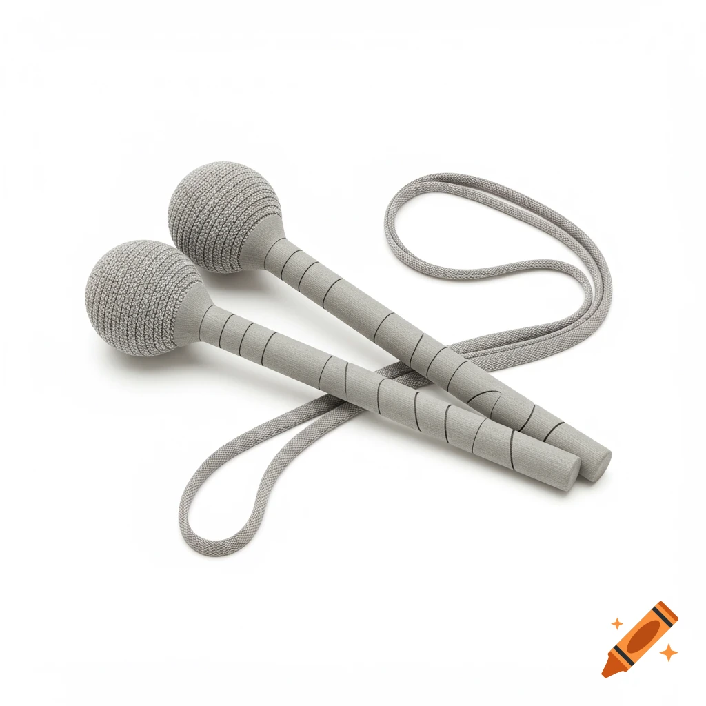 A pair of grey poi with textured spherical heads and wrapped handles, lying on a white background.