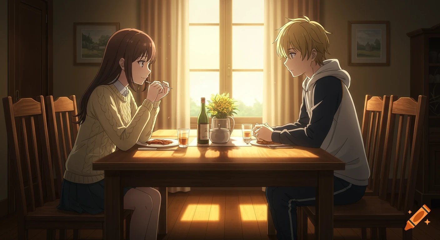 An anime girl and boy sit opposite each other at a dining table bathed in golden-hour light, sharing a meal.