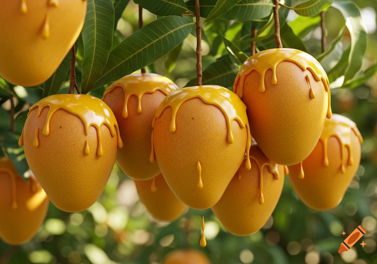 Ripe mangoes on a bush, with a golden drizzle covering their tops, set against a blurry green background.