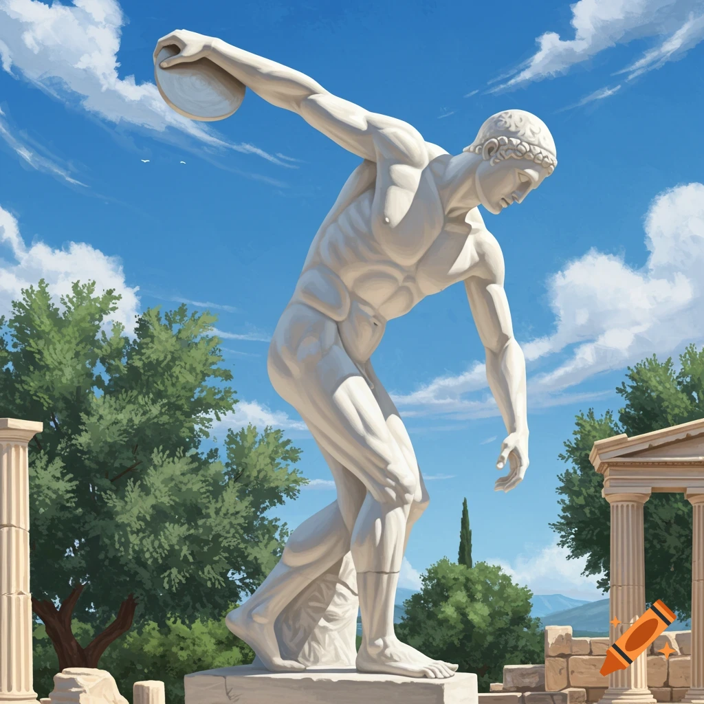 White marble Discobolus statue poised to throw a discus, against a blue sky with clouds and ancient Greek ruins.