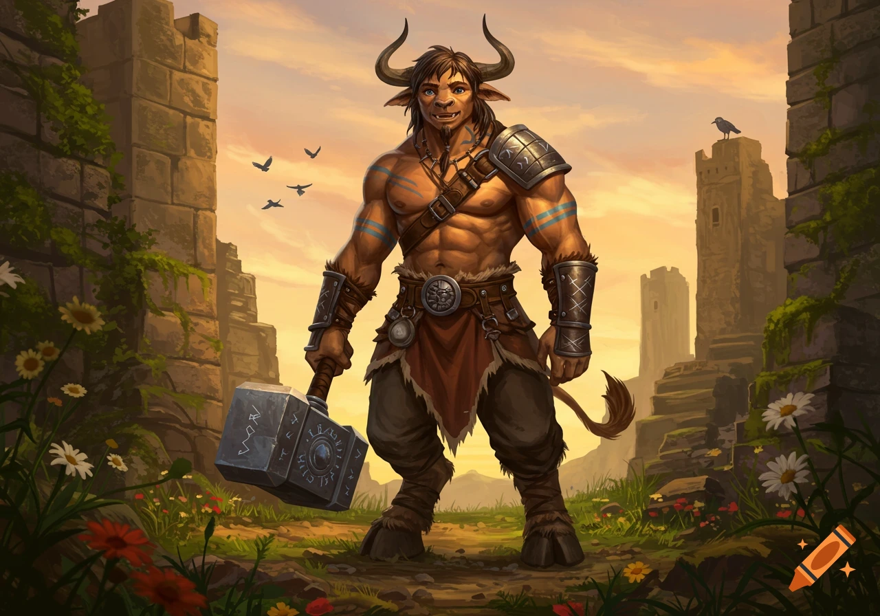 Muscular horned barbarian with hooves holds a hammer, standing by ancient ruins and wildflowers at sunset. Illustrated fantasy art.