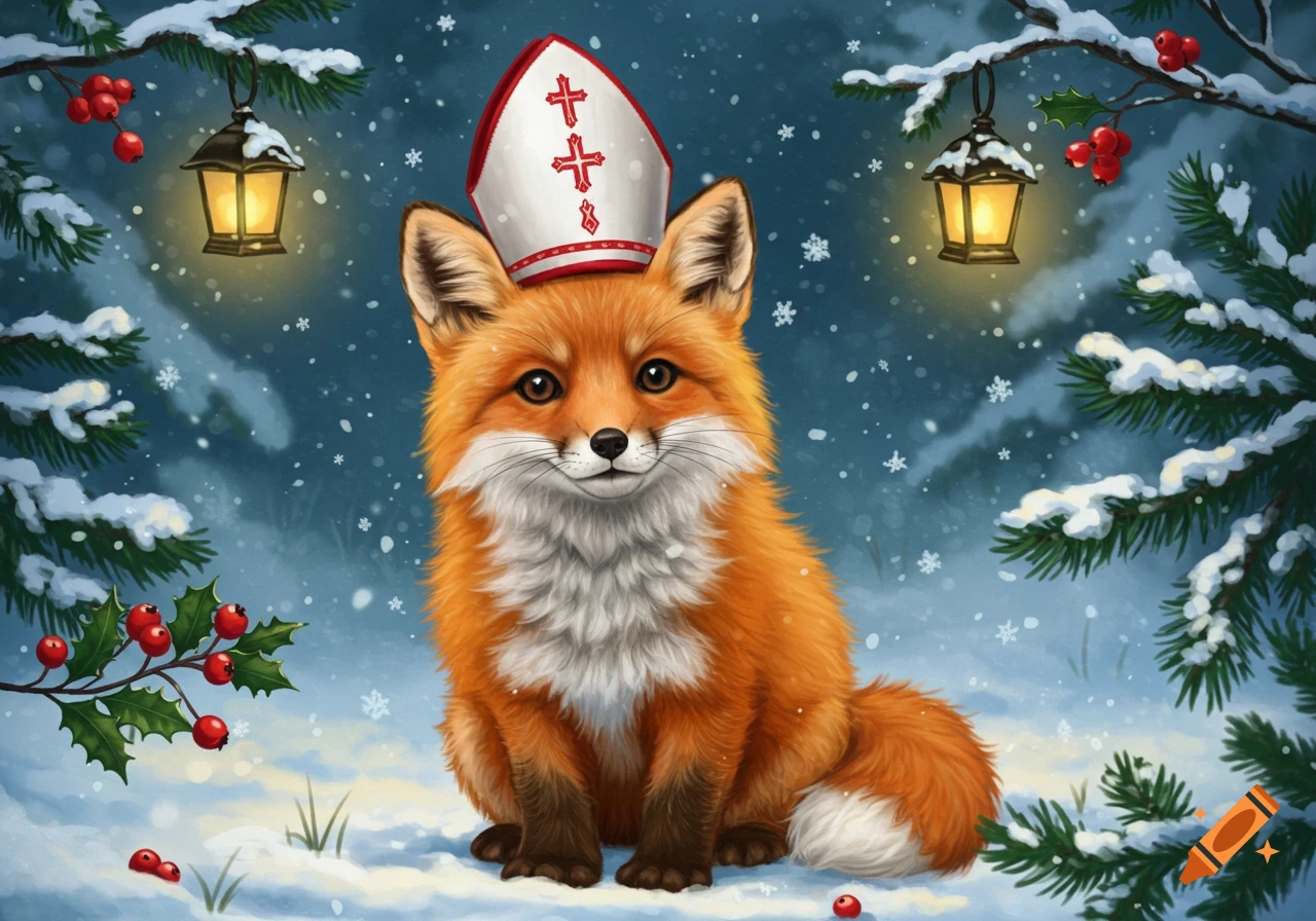 A cute fox wearing a white and red bishop's hat sits in a snowy winter forest with lanterns, holly, and falling snowflakes.