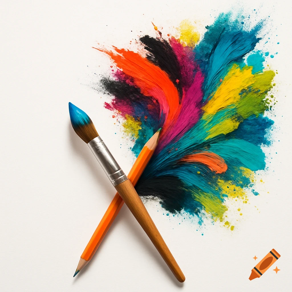 A realistic paintbrush and orange pencil crossed over a vibrant splash of colorful paint and powdered pigment on a white background.