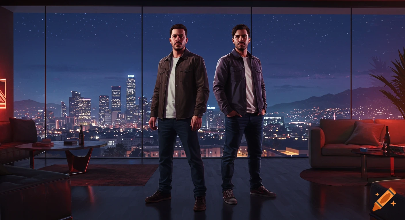 Two men stand in a modern penthouse with floor-to-ceiling windows overlooking a vibrant night city skyline, in a cinematic digital painting style.