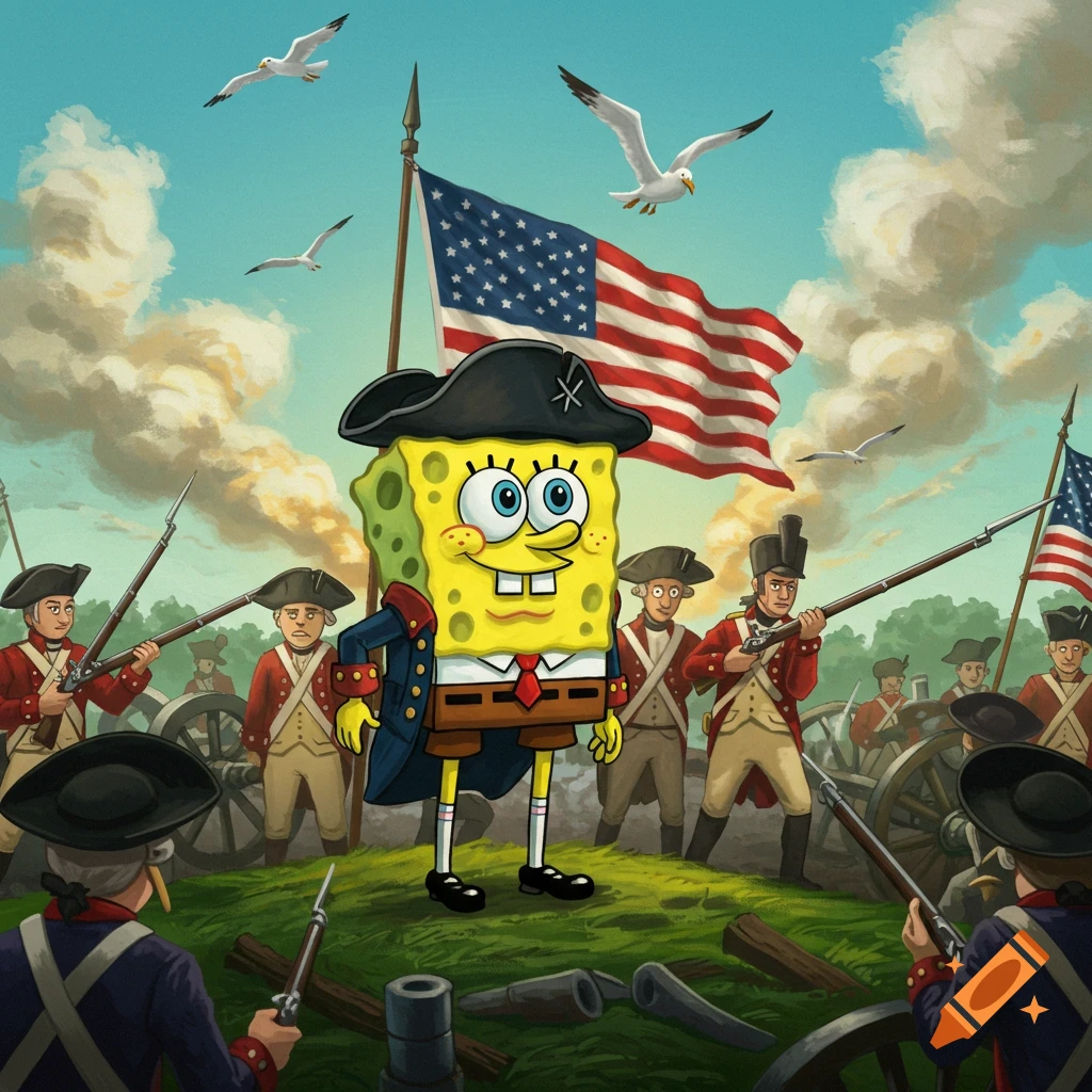 SpongeBob dressed as a colonial soldier standing with American Revolutionary soldiers and the US flag in a cartoon illustration.