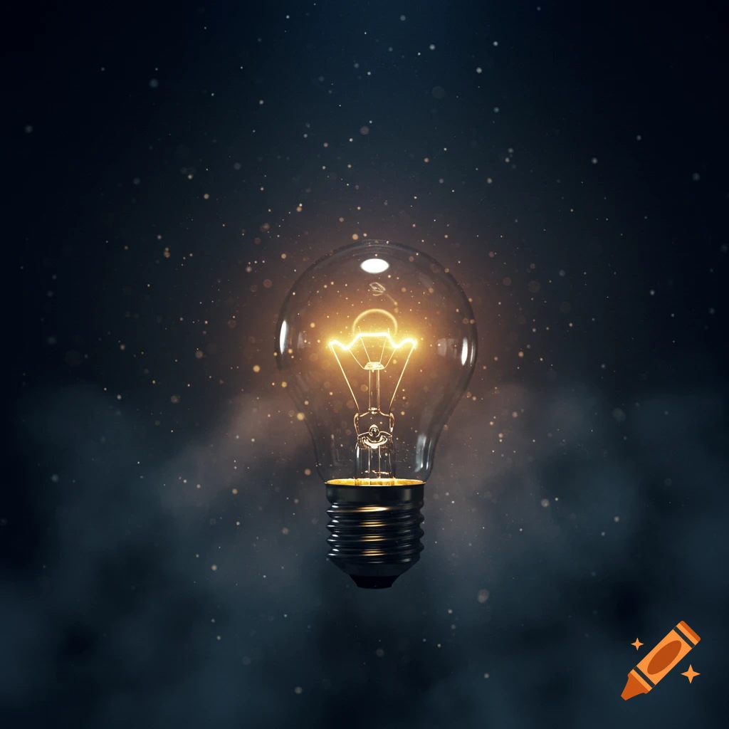 A glowing light bulb stands against a dark, dusty background with shimmering particles.