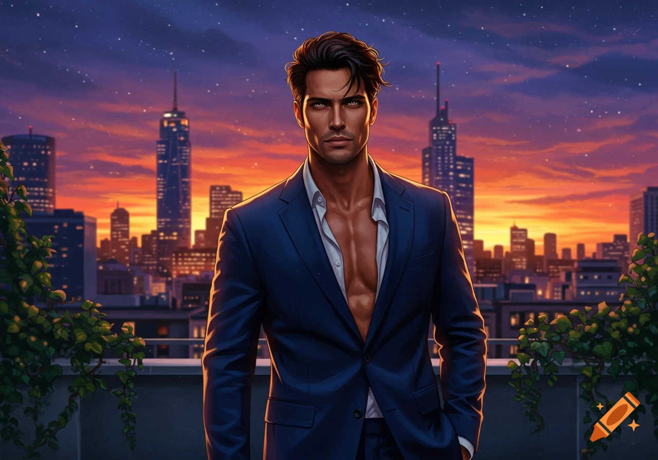 A handsome man in an unbuttoned suit stands before a glowing cityscape at sunset.