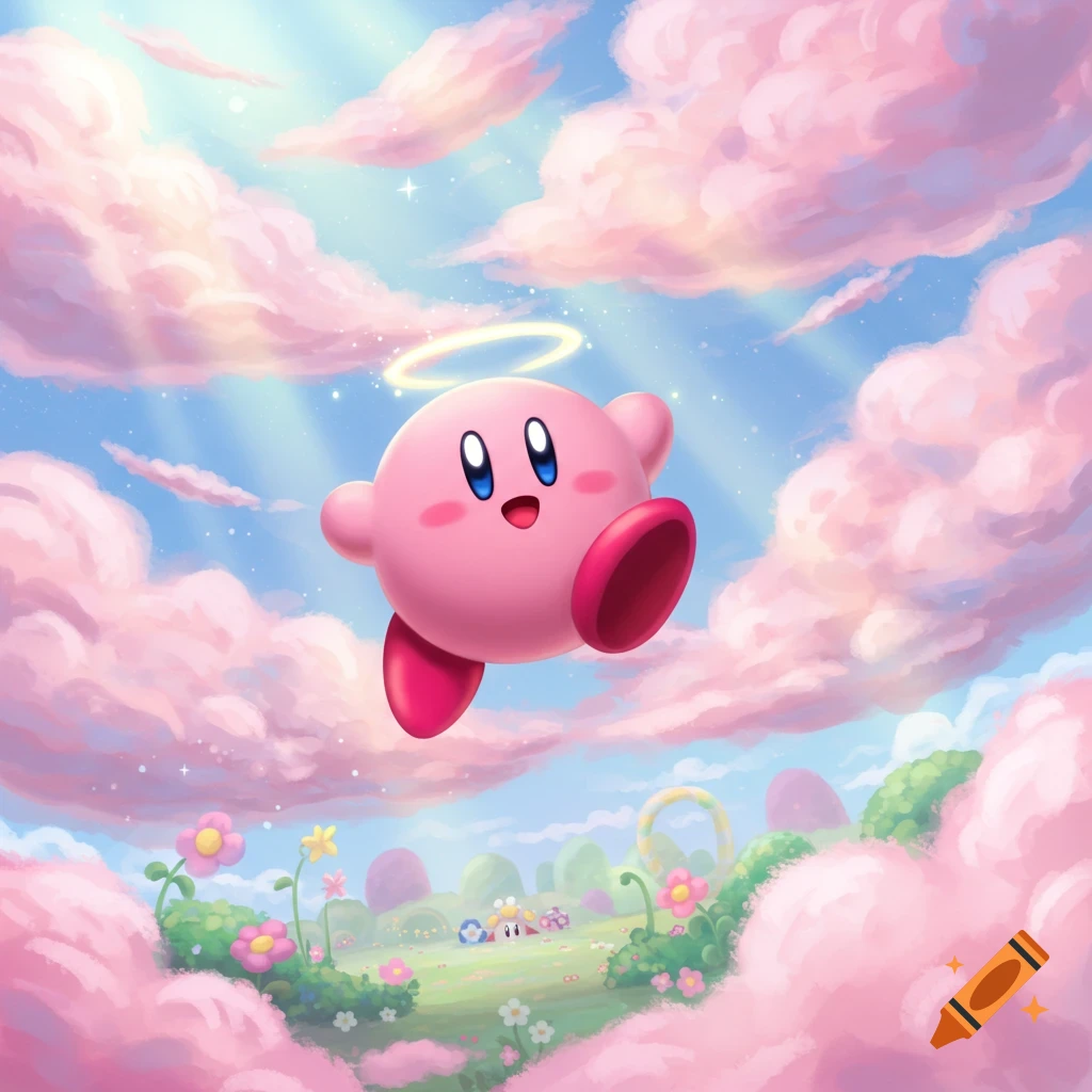 A pink, spherical Kirby with a halo flies amidst fluffy pink clouds over a whimsical, colorful landscape with flowers.