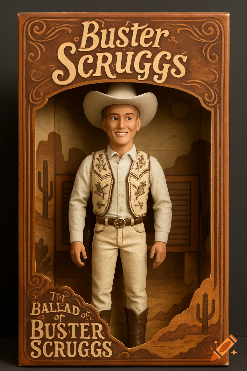A Buster Scruggs action figure, dressed as a cowboy, in its original box with movie title text.