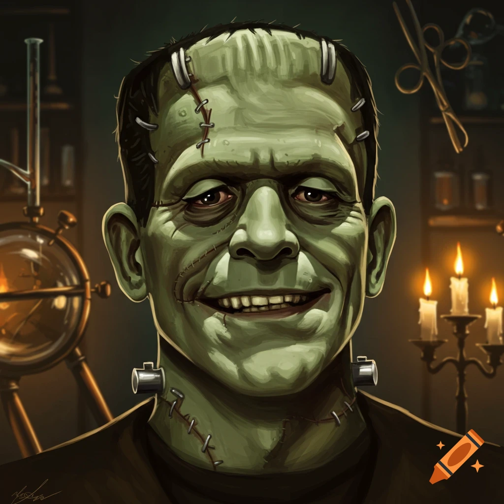 Stylized illustration of Frankenstein's monster with a wide smile, stitches, and neck bolts, against a dark background with lab tools and candles.