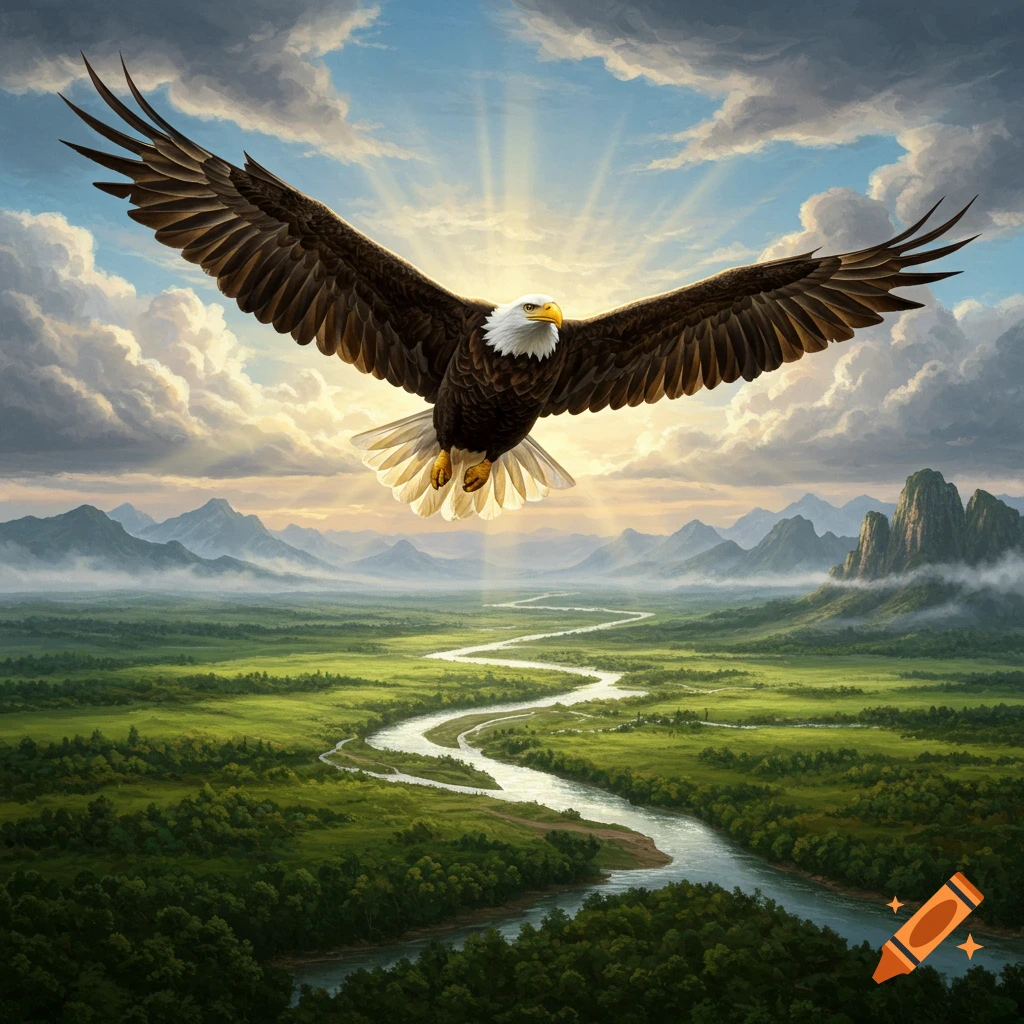 A majestic bald eagle soars high above a winding river through a lush green valley with distant mountains under a dramatic sky with sun rays.