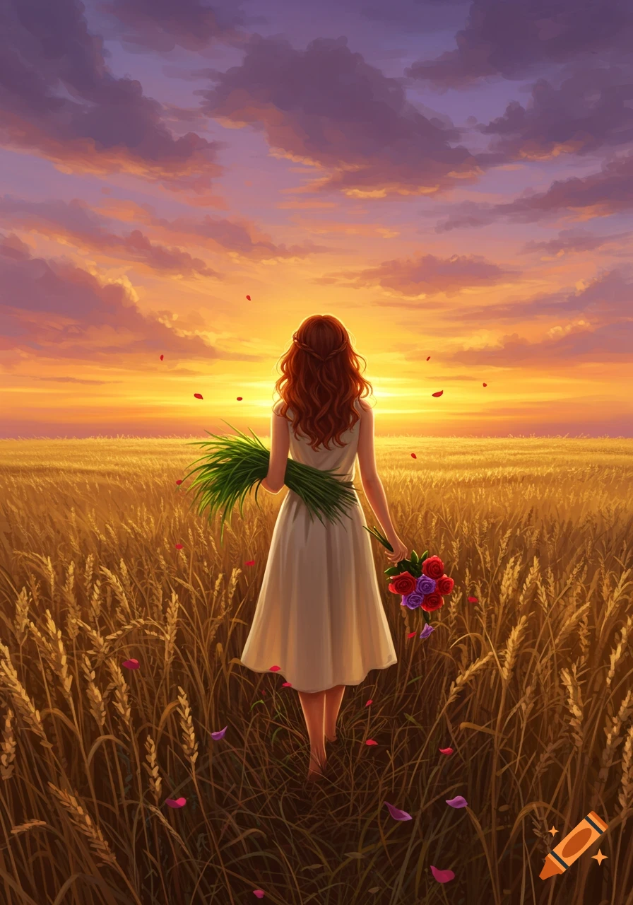 A red-haired woman in a cream dress walks through a golden wheat field at sunset, holding grass and red and purple roses.