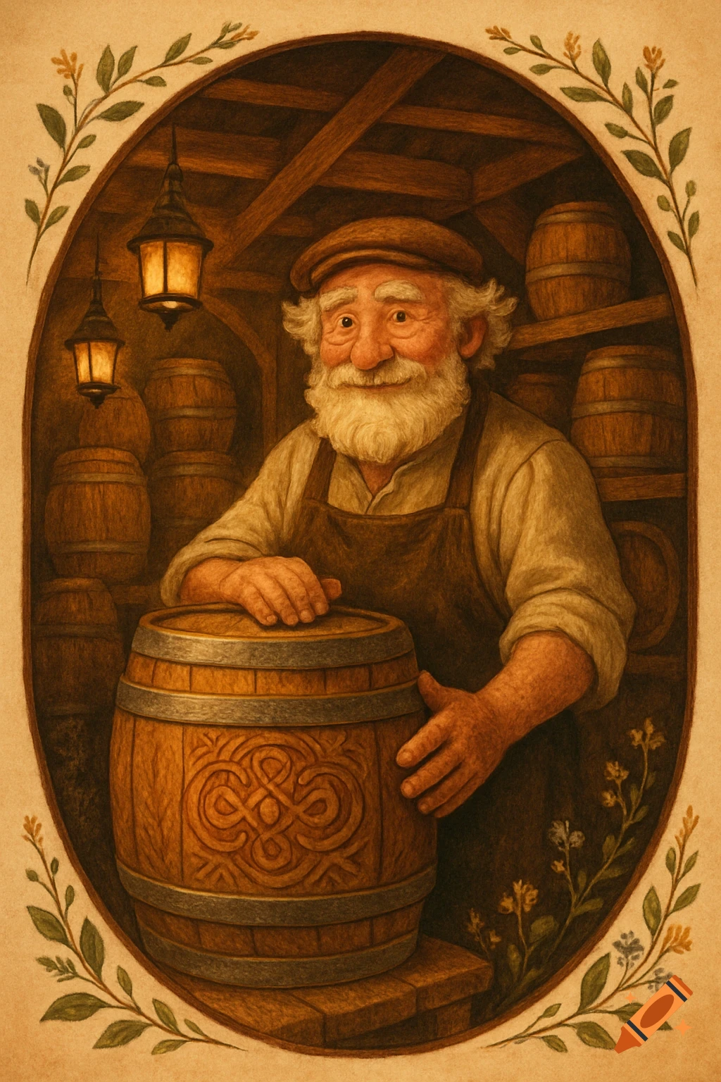 A smiling, bearded old barrel maker in an apron holds a wooden barrel in a cellar, a storybook illustration framed by leaves.