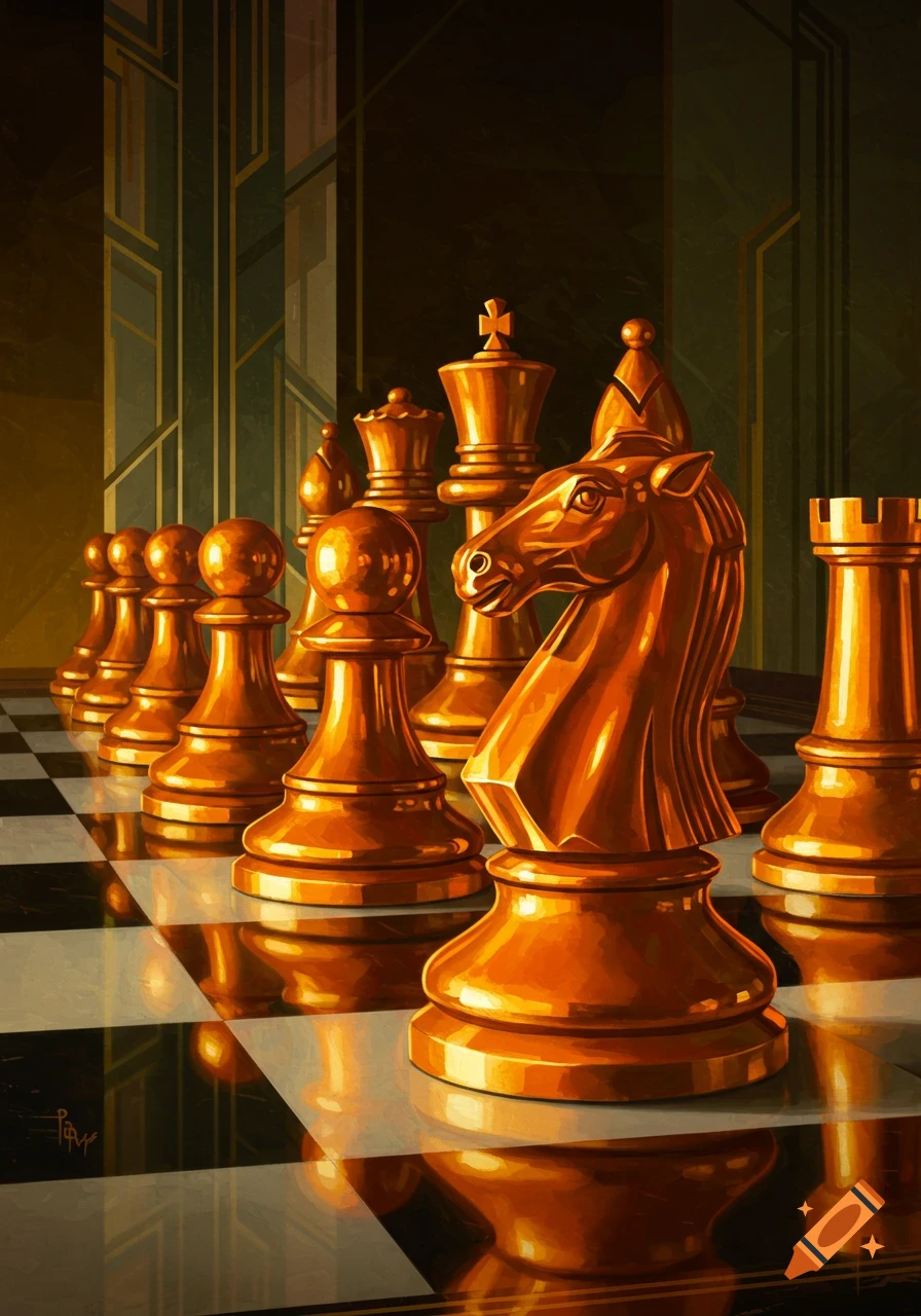 An art deco painting features golden and orange chess pieces on a reflective black and white board, with a dark, geometric background.