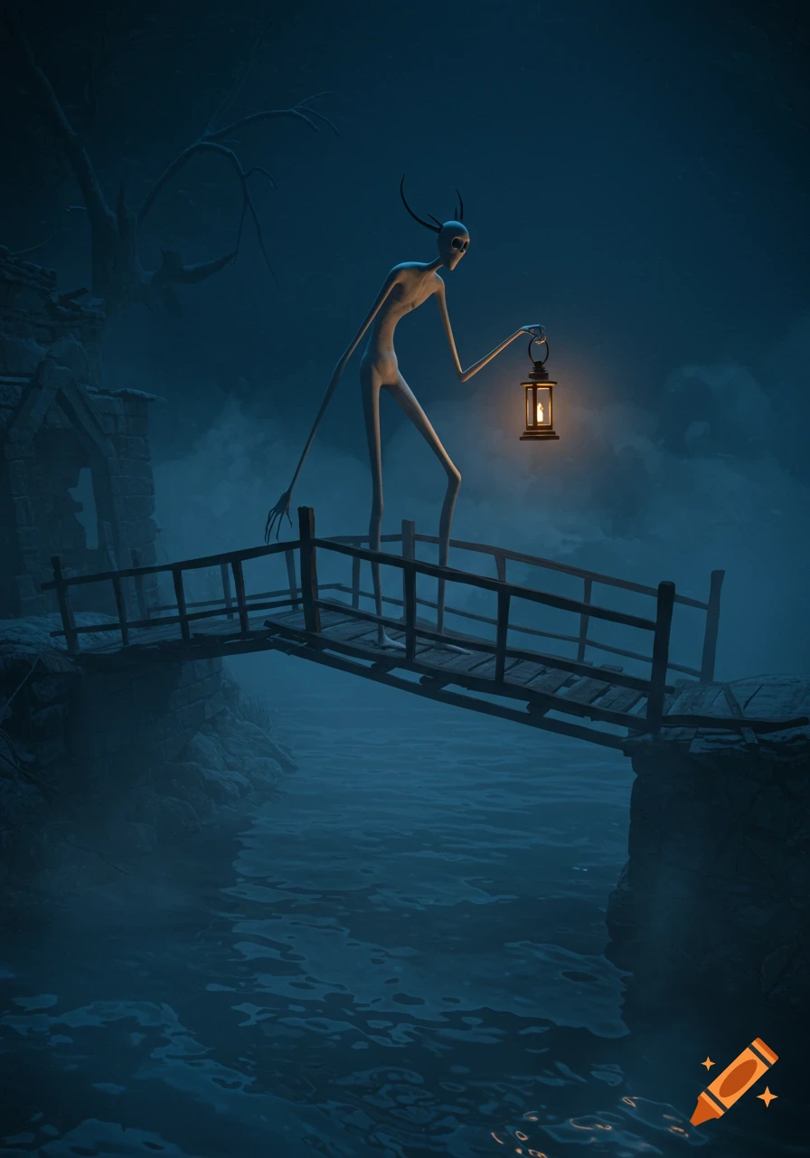 A tall, slender gothic creature with horns stands on a rickety wooden bridge over misty water at night, holding a glowing lantern.