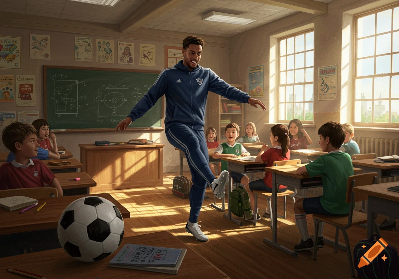 A smiling footballer in a blue tracksuit performs a light dance move in a sunlit classroom, observed by several attentive children seated at their desks. A soccer ball rests on a foreground desk.