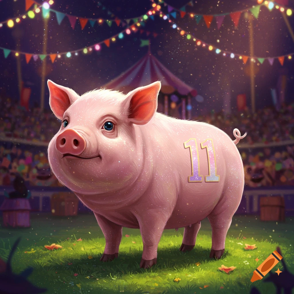 A sparkly pink pig with the number 11 on its side stands on green grass in a vibrant circus arena under string lights.