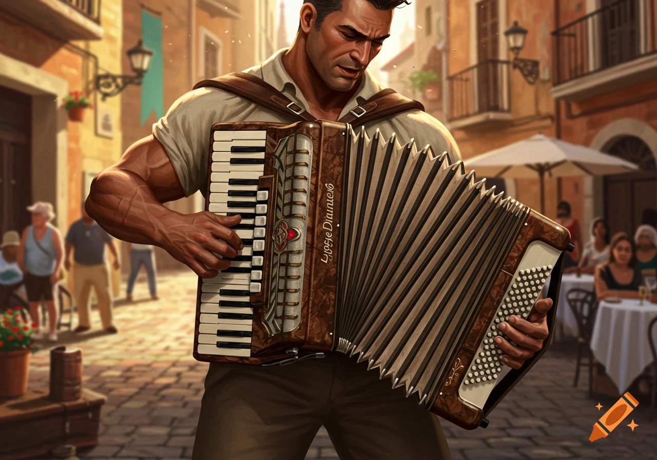 A muscular man with dark hair plays a brown and white piano accordion in a sunny European street scene with blurred background figures.