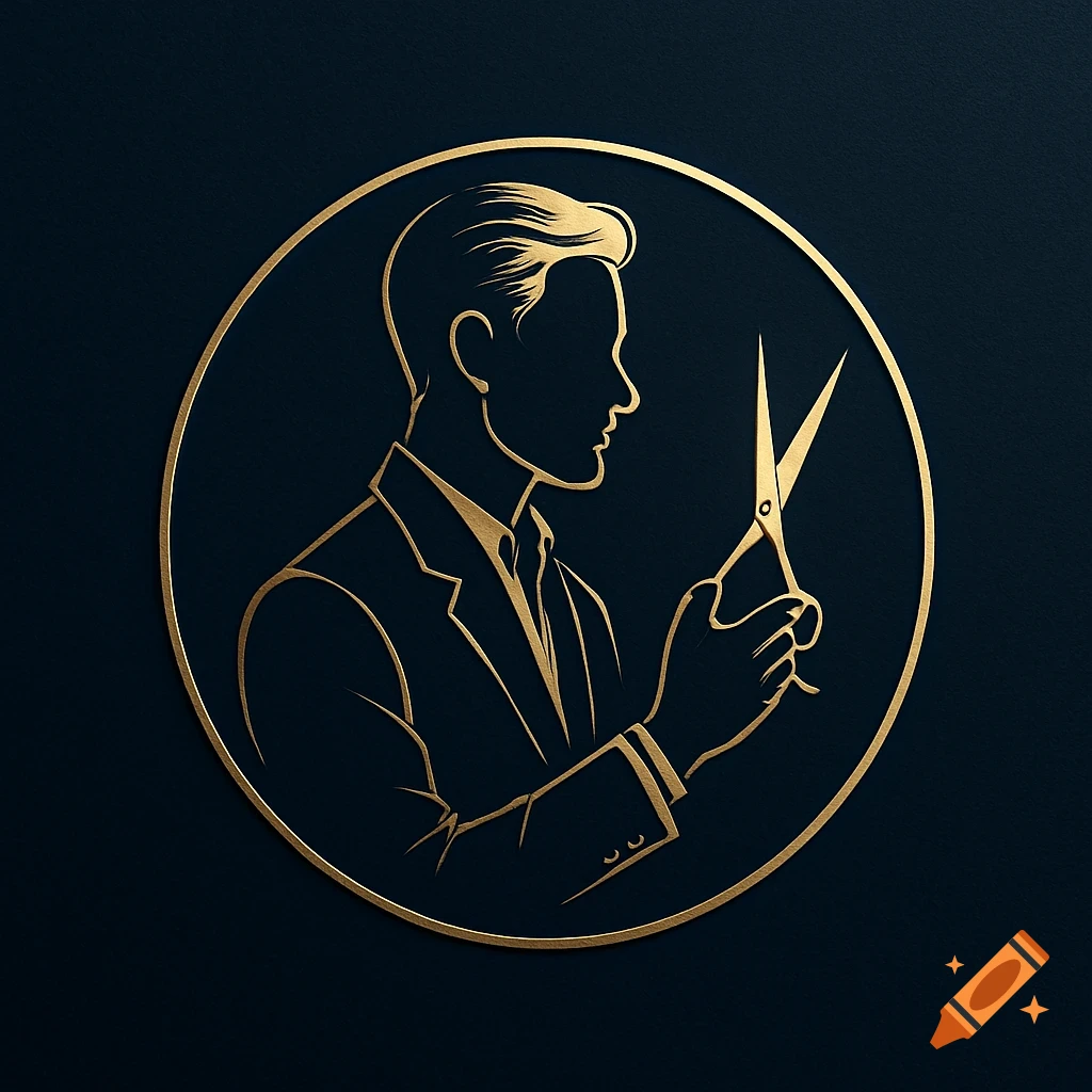 Gold line art logo of a man's profile holding scissors in a circle on a dark background.