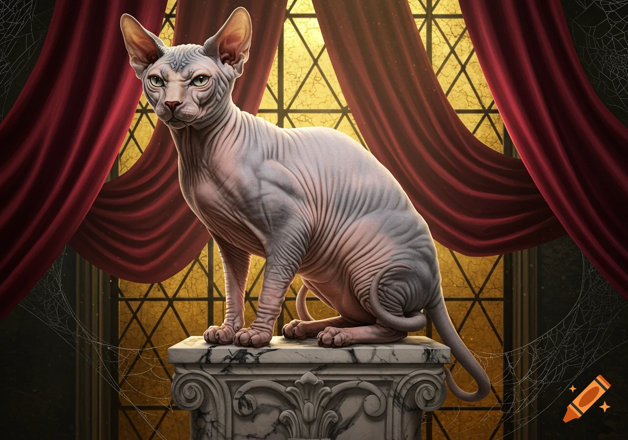 A hairless Sphynx cat with a stern face sits on a marble pedestal in a gothic room with red curtains and a golden window.