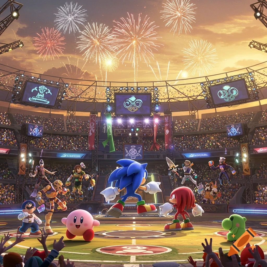 Iconic video game characters, including Sonic, Knuckles, Kirby, and Mario, face off in a grand stadium with fireworks exploding overhead.