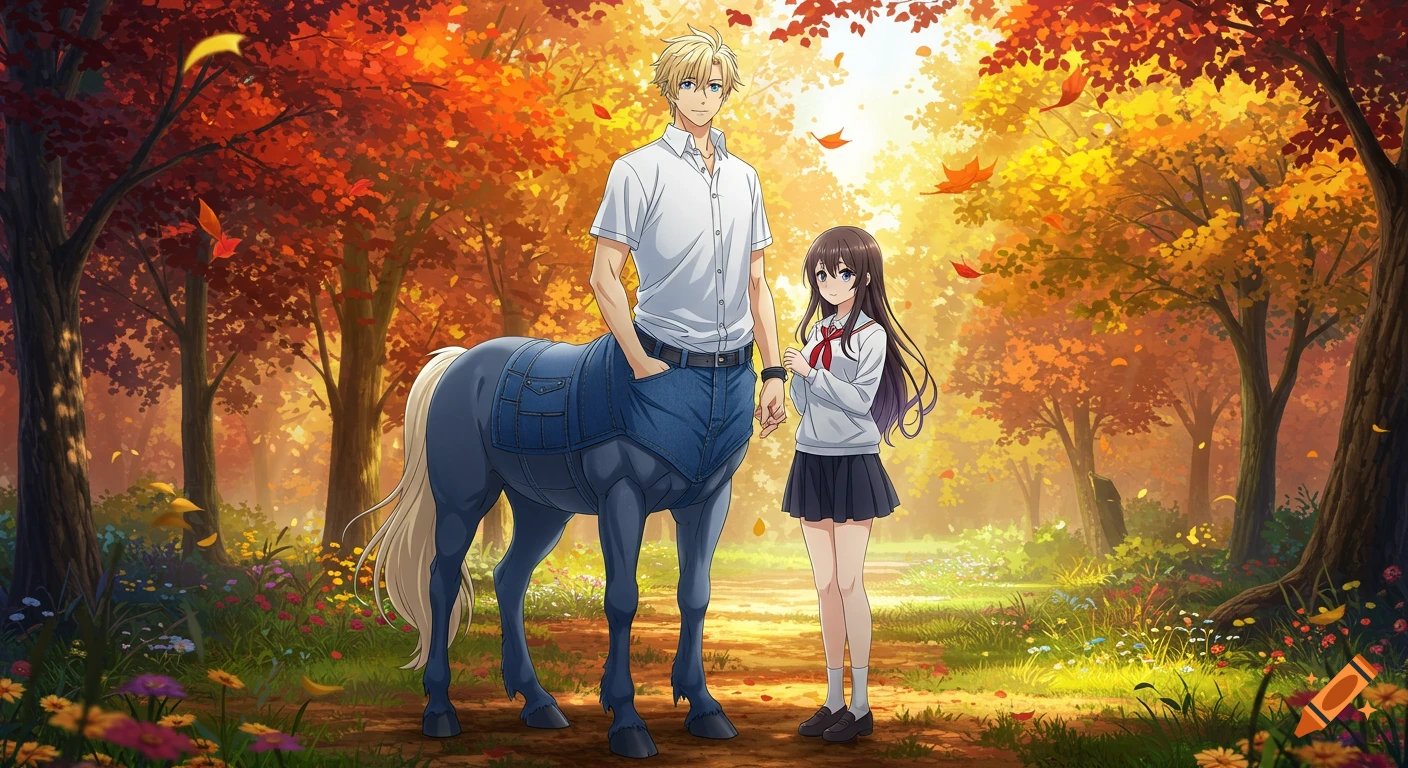 An anime centaur man with an equine half made of blue jean denim and a human girl hold hands in a vibrant autumn forest.