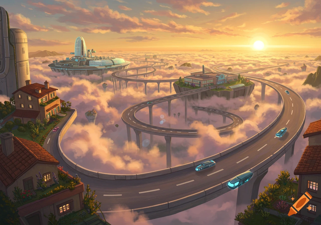 Vibrant illustration of a futuristic city with winding roads and buildings floating above clouds at sunset.