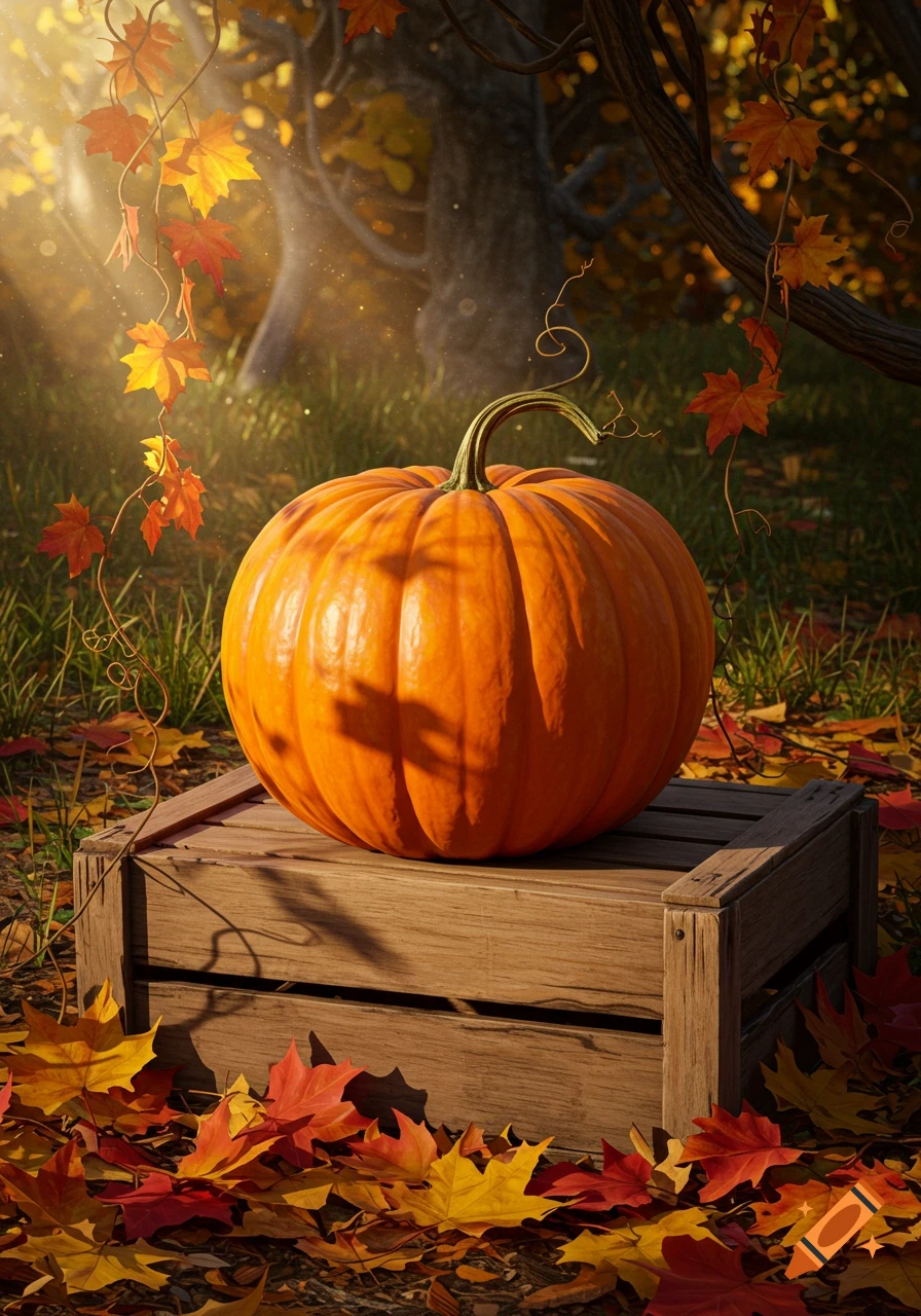A large orange pumpkin rests on a wooden crate surrounded by colorful autumn leaves in a sunlit forest.