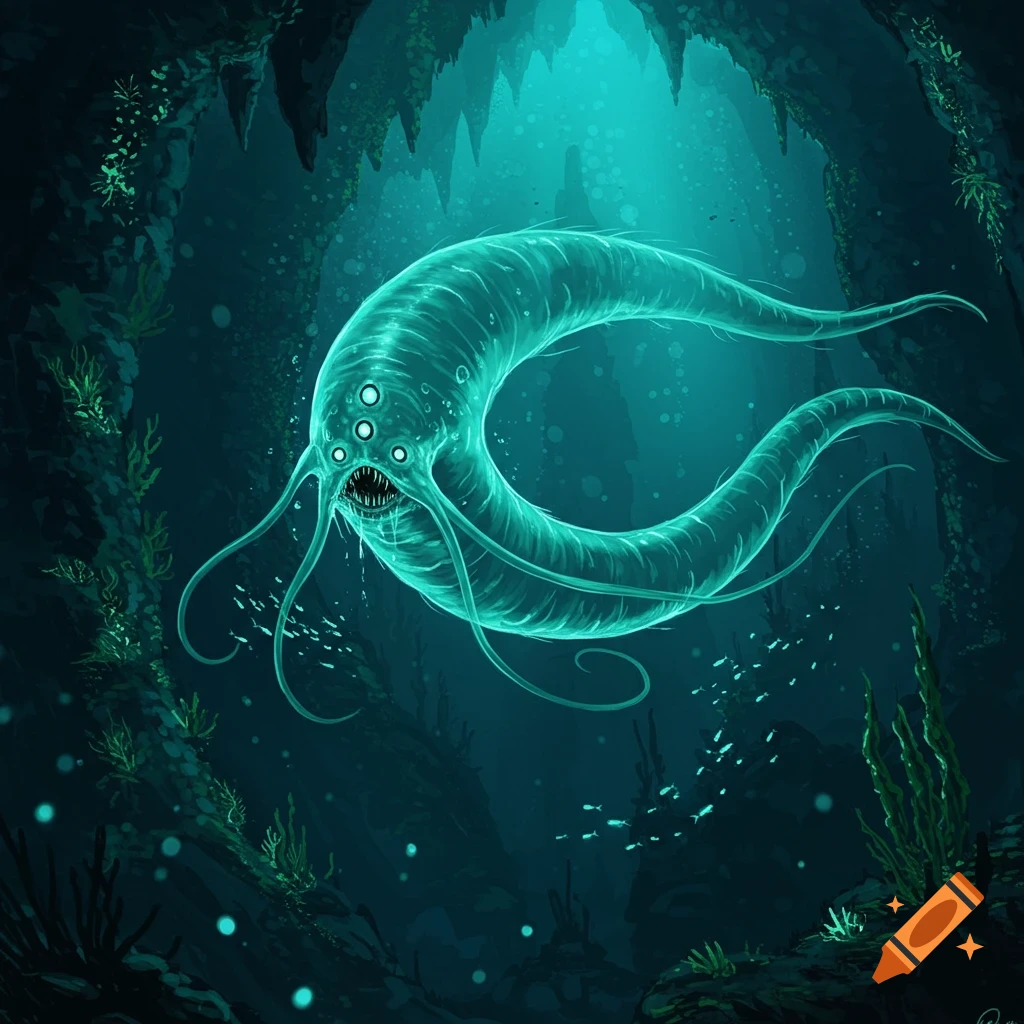 Illustration of a glowing, serpentine aboleth creature with multiple eyes and sharp teeth in a dark underwater cave.